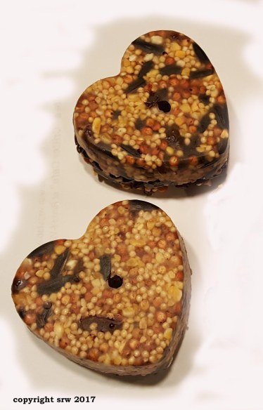Heart-shaped bird seed cakes.